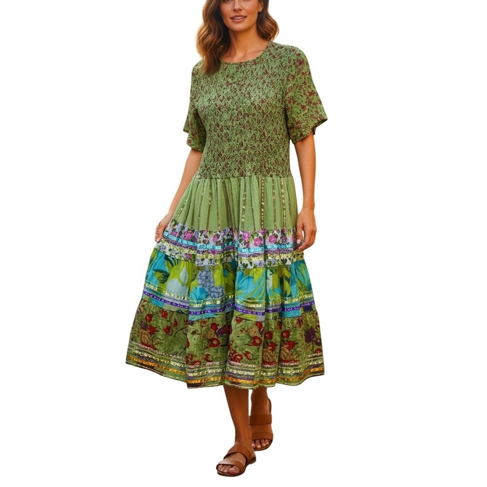 Anii By Natural Floral Smocked Tiered Maxi Dress M Ribbon Accents Boho Fairycore